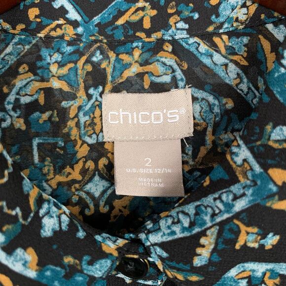 Chicos Tunic Shirt Longer Length Top Semi Sheer Black Blue Women's 2 L 12 - Picture 4 of 9